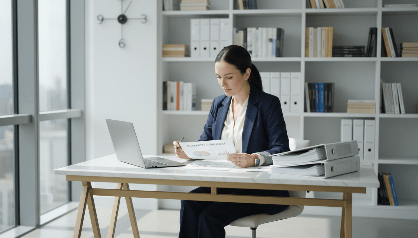 Professional woman at a desk in a modern office reviewing organized financial documents.