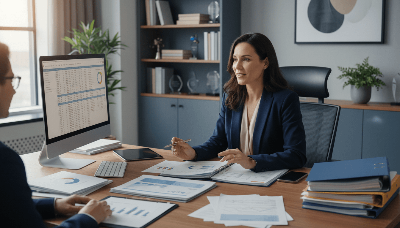 Professional bookkeeper reviewing organized financial records at a clean modern desk