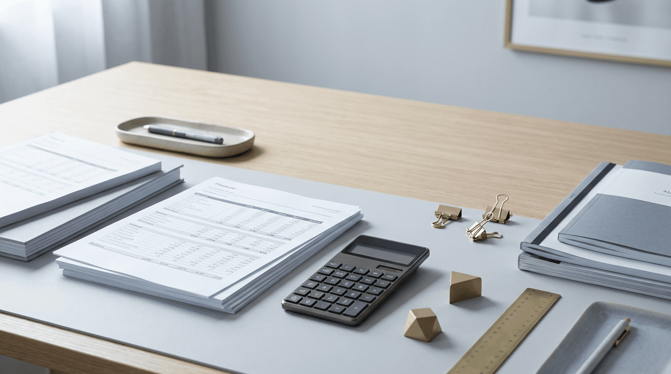 Flat-lay of bookkeeping and financial planning materials on neutral background