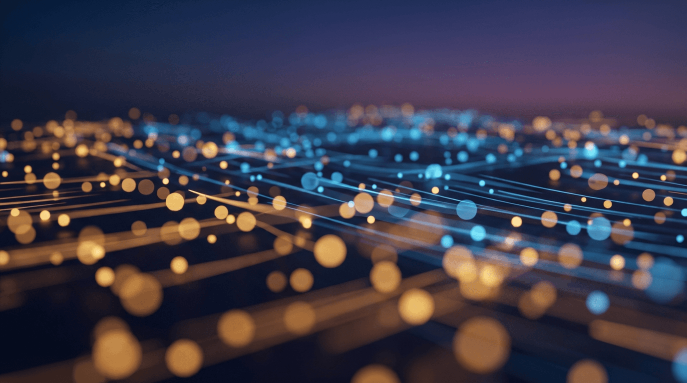 Soft bokeh light points in warm gold and cool blue tones drift across dark gradient background, suggesting digital connectivity and seamless interaction.