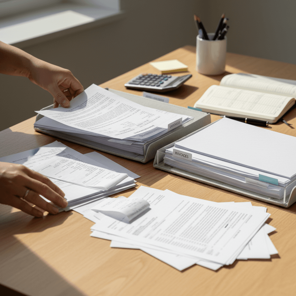 Organized financial records and ledger on wooden desk with natural light