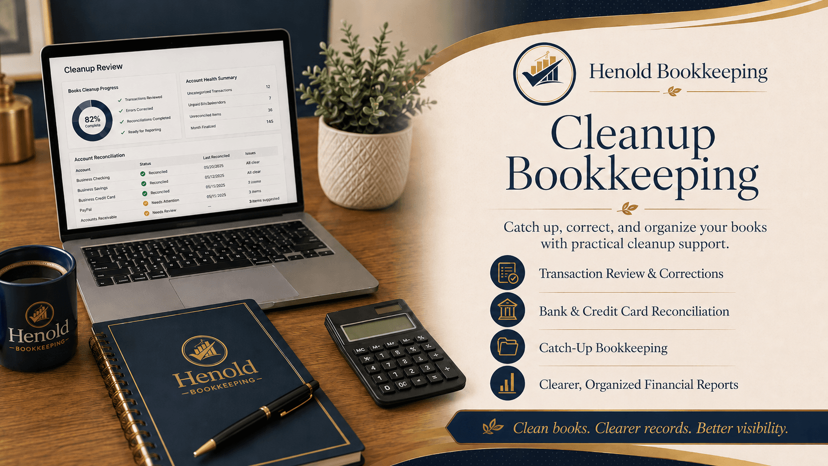 Henold Bookkeeping advertisement for cleanup services featuring a laptop, calculator, and list of financial services.