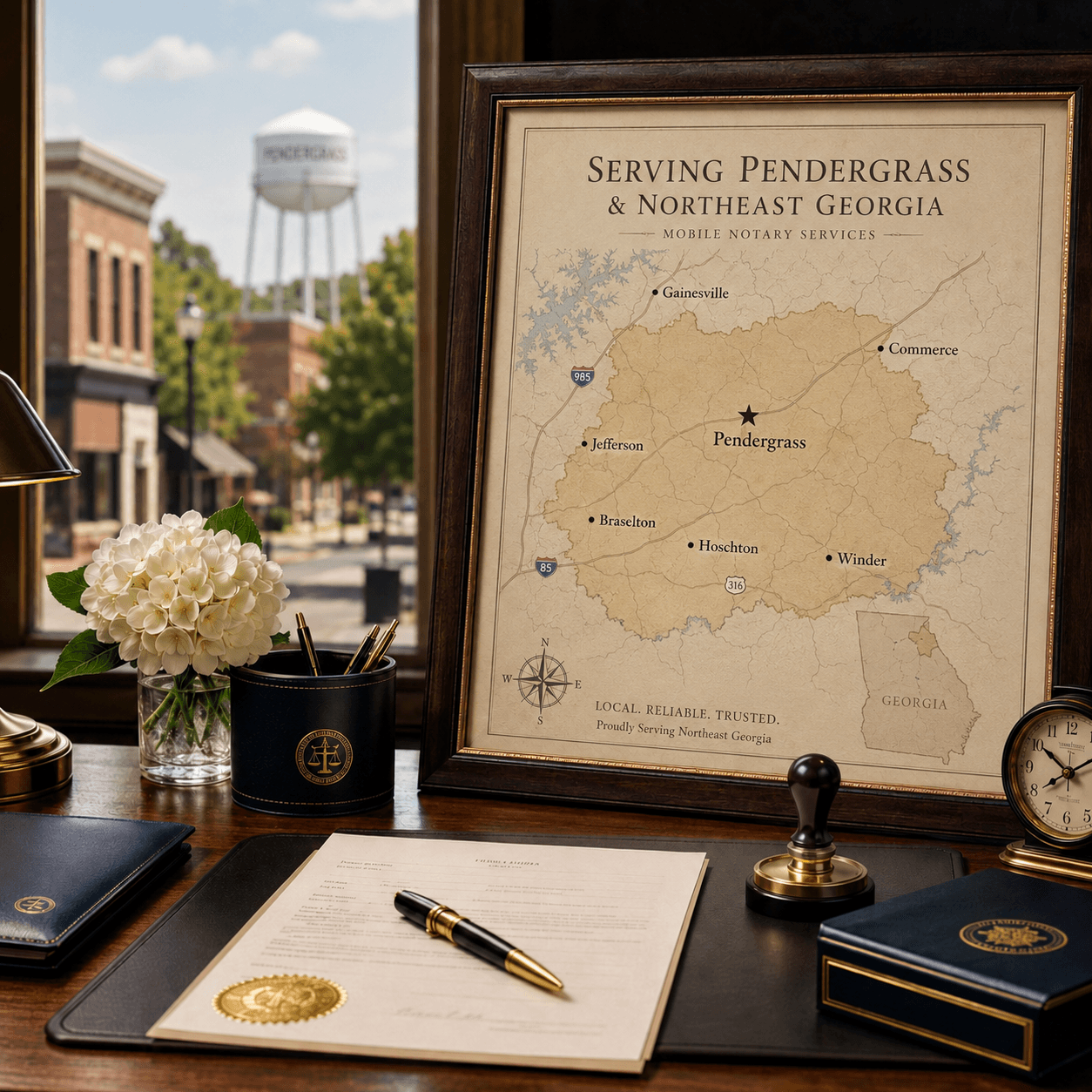 Framed map of Northeast Georgia notary services on a desk with professional notary tools.