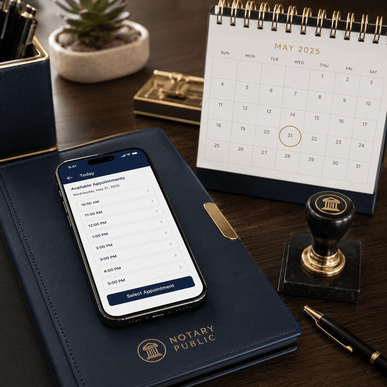 Smartphone displaying notary appointment times on a blue folder beside a calendar and stamp.
