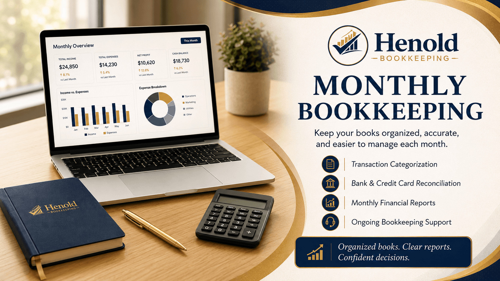 Henold Bookkeeping advertisement for monthly services featuring a laptop with financial charts, notebook, and calculator.