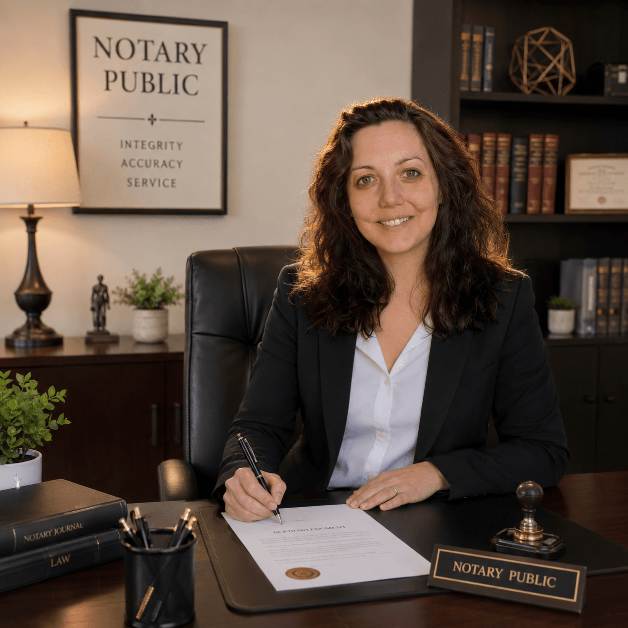 Smiling female notary public signs an acknowledgment document at her desk in a professional office.