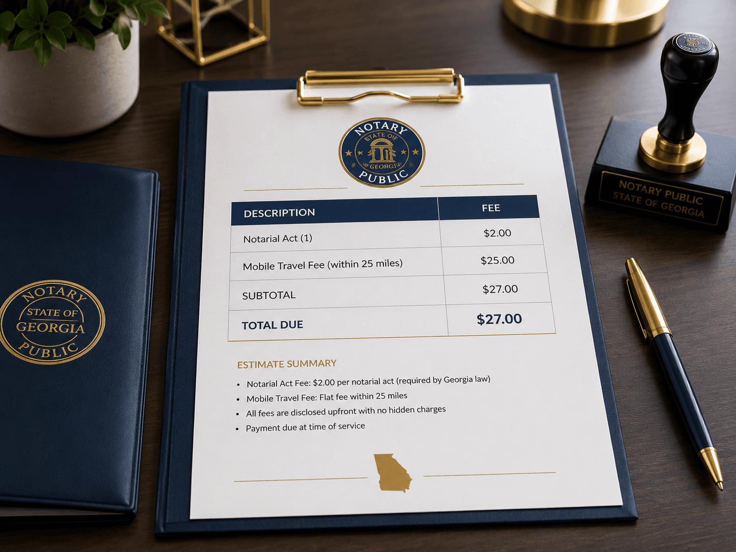 Georgia Notary Public fee estimate on a clipboard with a stamp and gold pen.