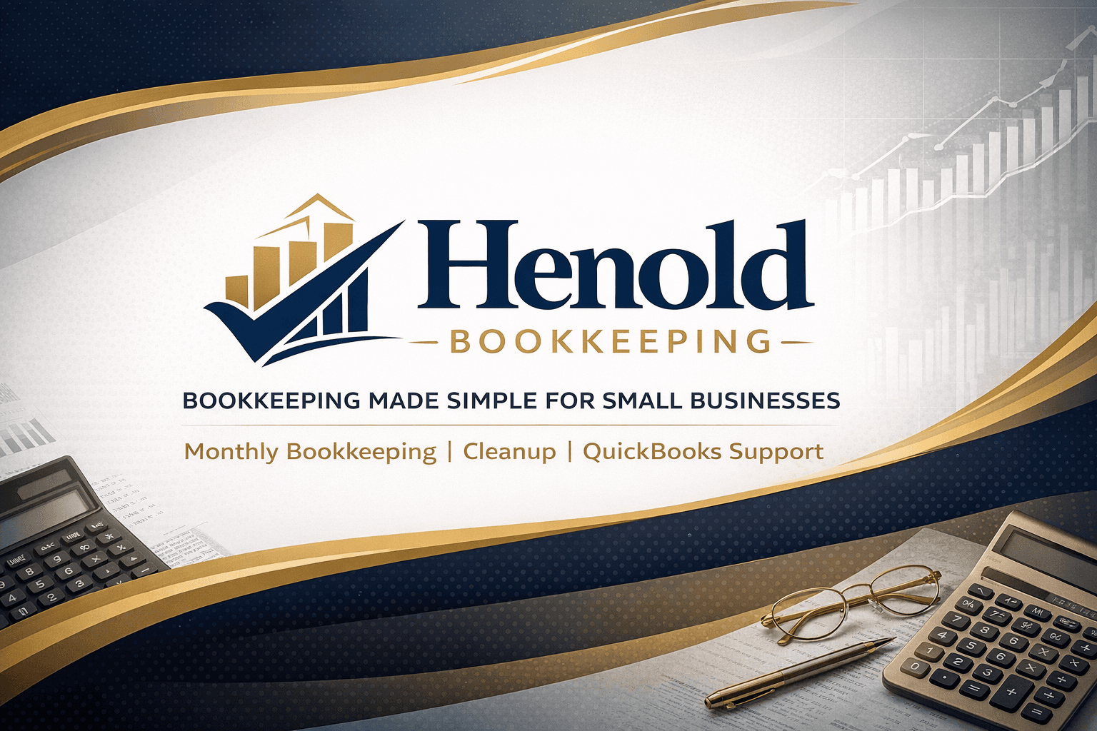 Henold Bookkeeping banner advertising small business services over a background of financial calculators and charts.