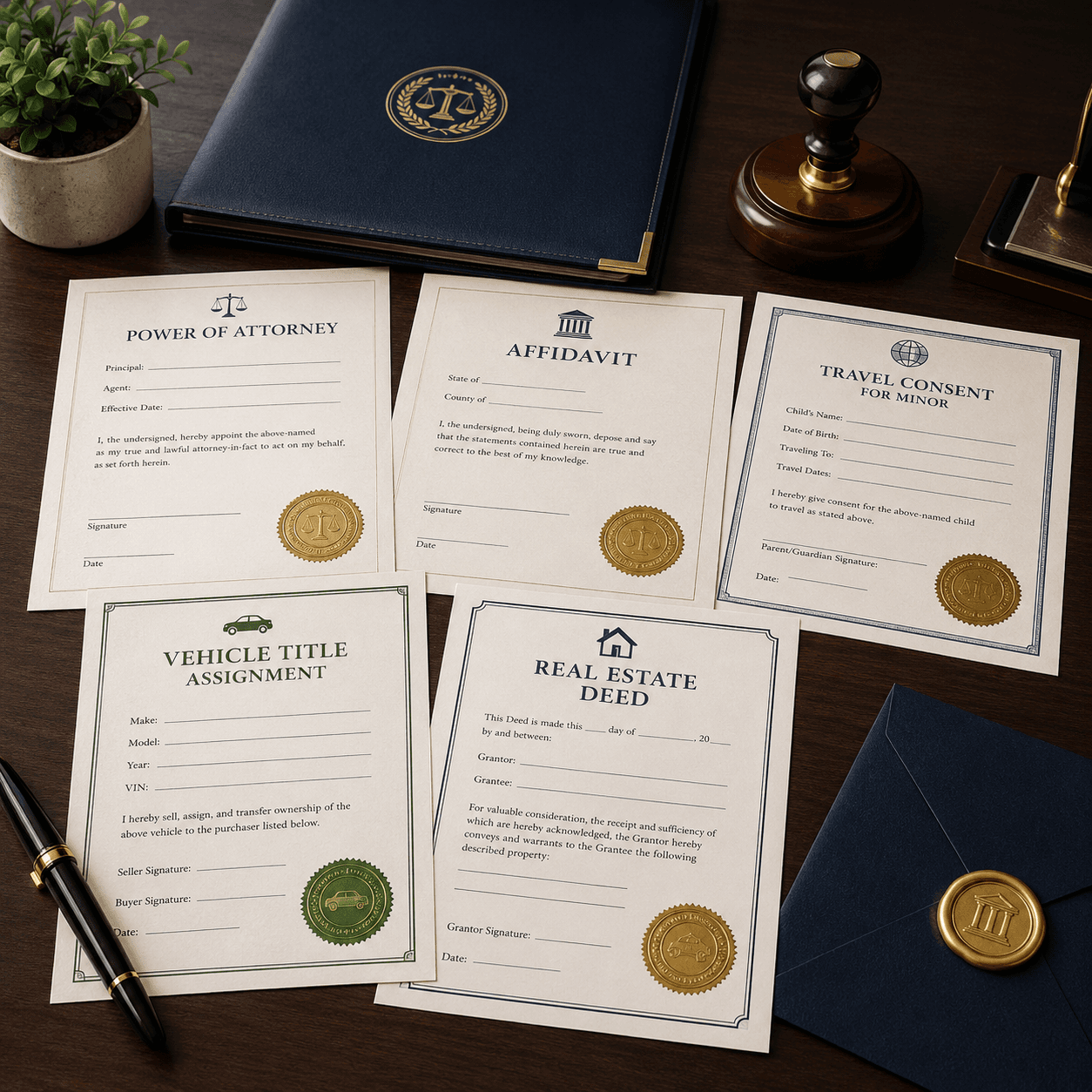 Legal documents, a notary stamp, and a pen arranged on a dark wooden desk.