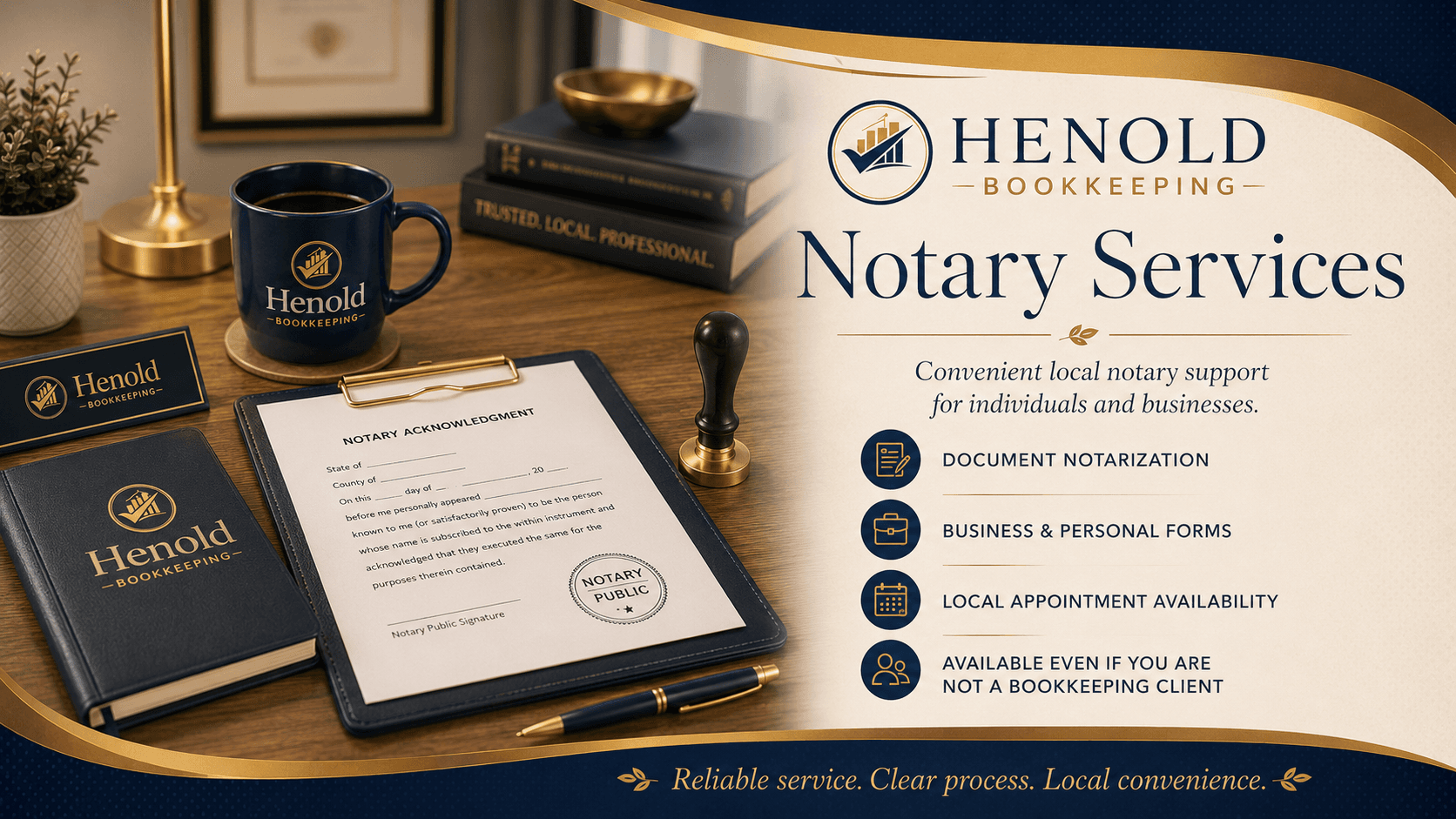 Henold Bookkeeping notary services advertisement with a desk, notary stamp, and acknowledgment form.