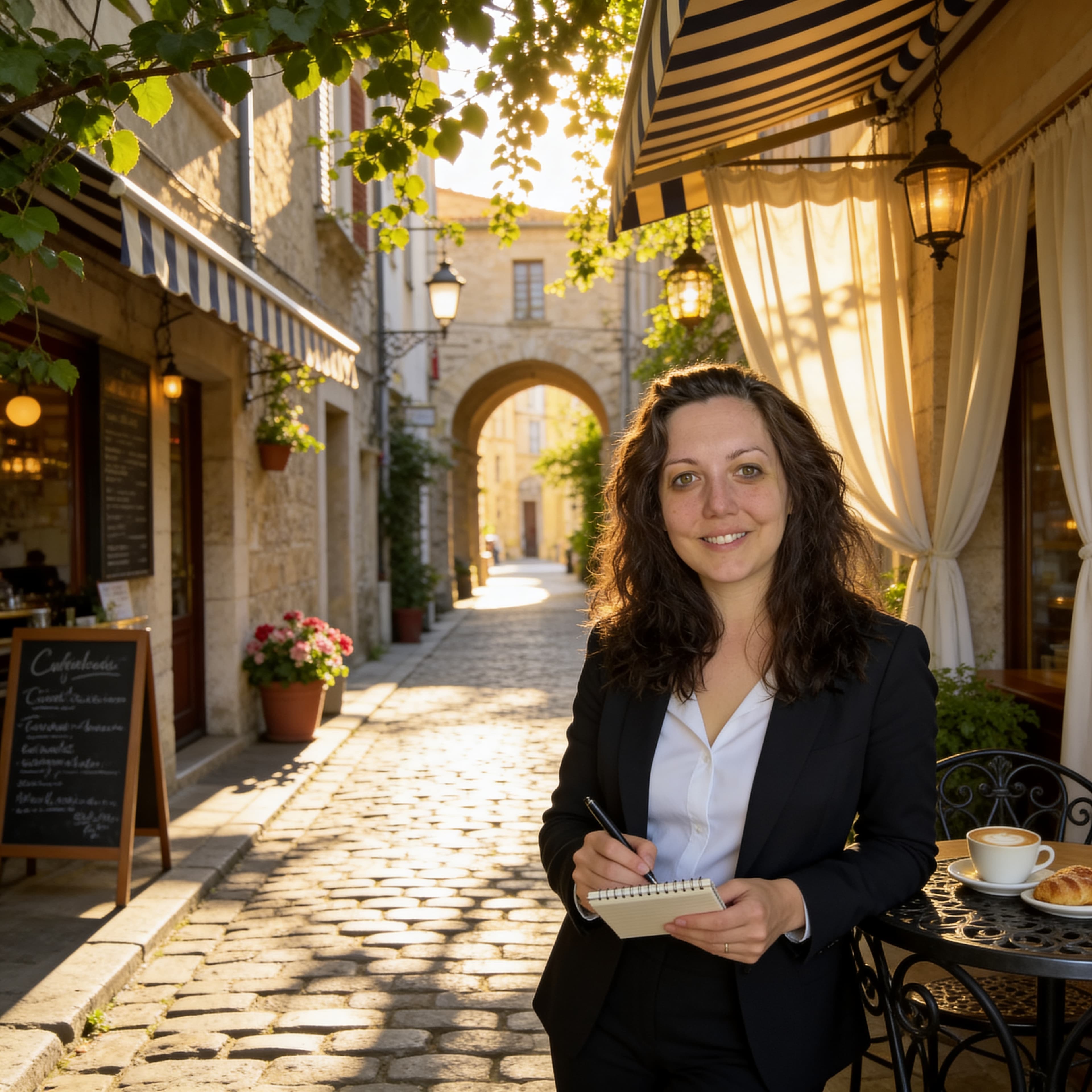 Smiling woman in a blazer taking notes at a sun-drenched outdoor cafe on a cobblestone street.