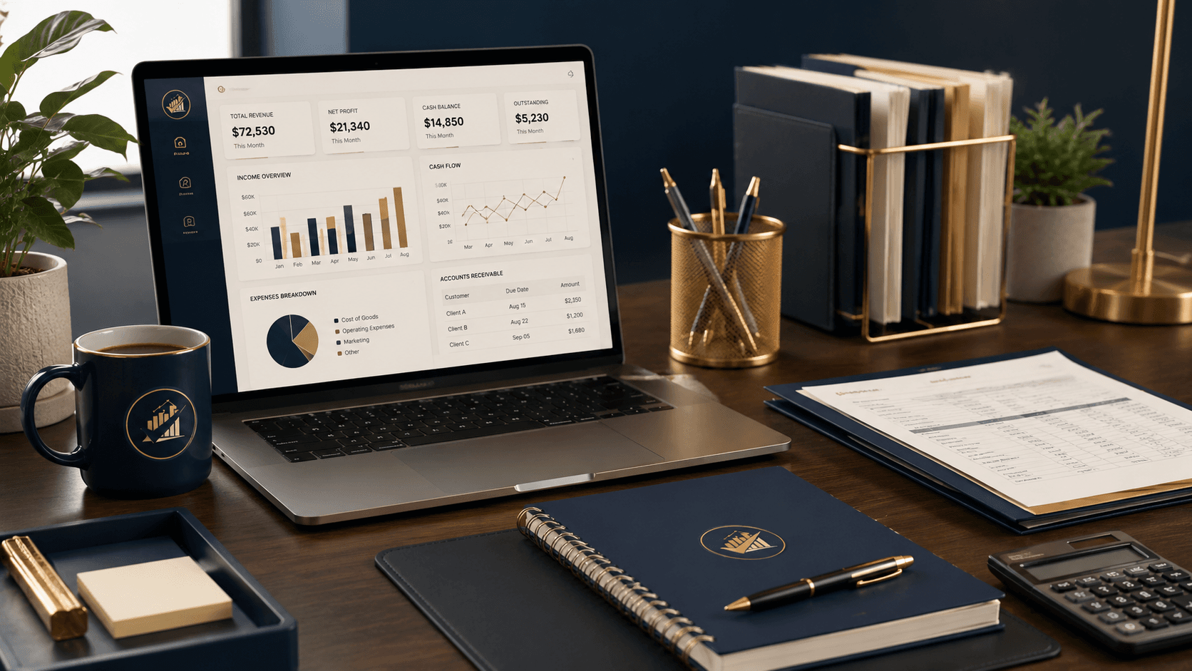 Laptop displaying financial dashboards on a desk with a notebook, coffee mug, and gold accessories.