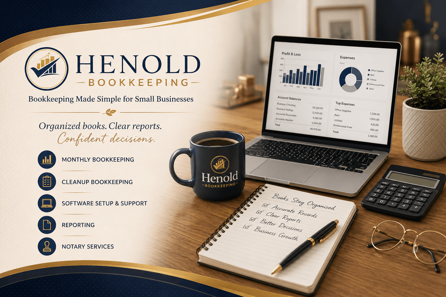 Henold Bookkeeping advertisement with financial charts on a laptop, branded mug, and professional services list.